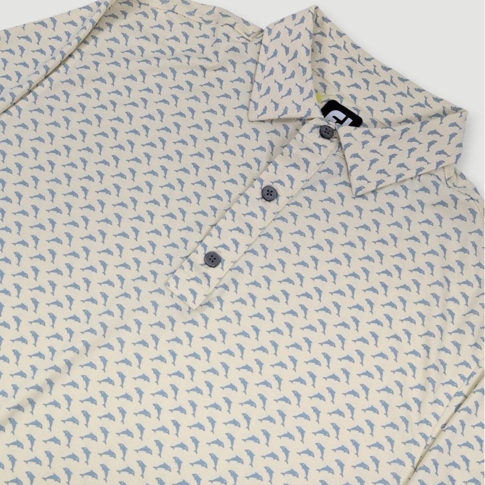 FootJoy Lisle Leaping Dolphin Golf Polo Men Large Cream Blue Performance